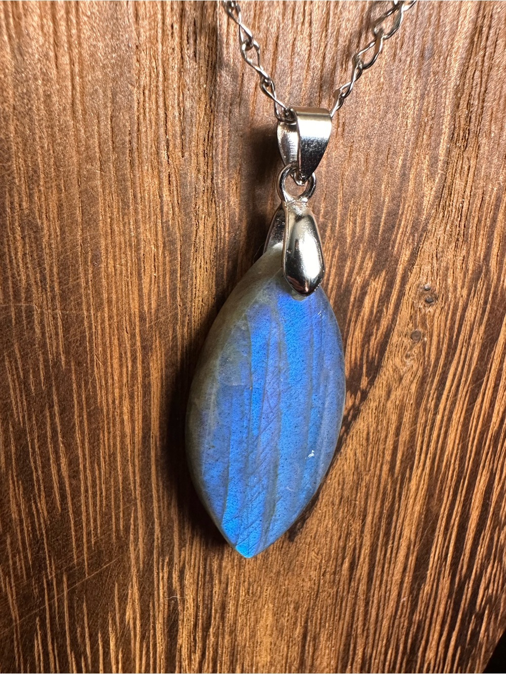 Blue Labradorite Marquise Shaped Pendant Necklace on Stainless Steel Chain - Picture 12 of 16